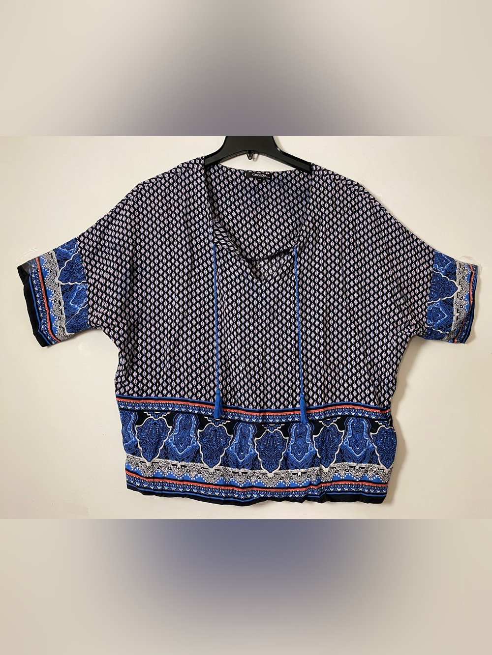 George Blue and White Geo-Print Peasant Tunic with Tassel Ties